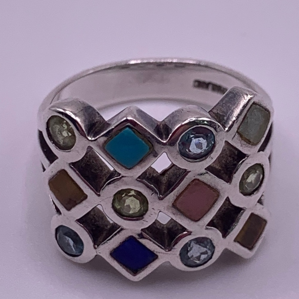 Vintage Sterling Silver Multi-Gemstone Inlaid Checkerboard Ring - Picture 9 of 12